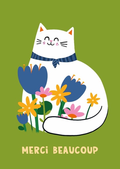 Cute Thank You Card - Merci Beacoup - Cat And Flowers created by Lucy Maggie Designs