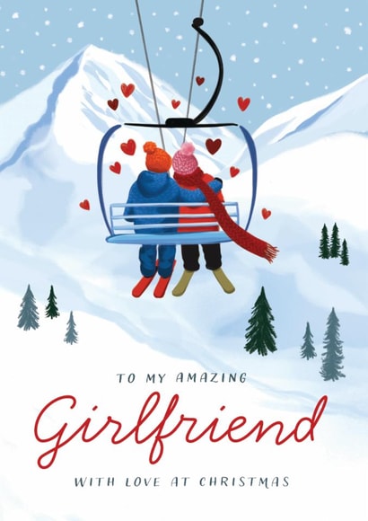 Classic Christmas Girlfriend Card - Ski Lift - Mountains - Skiers created by Debbie Daley Illustrations
