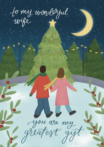 Romantic Christmas Card For Wife - Love Card - Illustrated Couple Iceskating created by Ellice Owens Designs