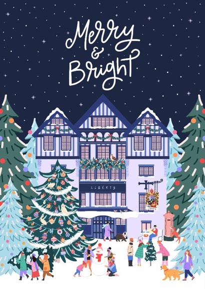 Liberty London Christmas Card – Merry & Bright Festive Illustrated London Scene created by Sad Girl Illustration