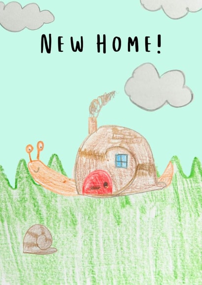 Cute hand-drawn New Home card snail for new homeowners created by Oopsy Daisy Designs