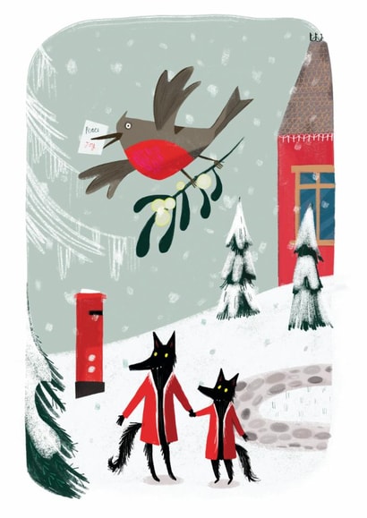 Robin, wolves and postbox Christmas card for anyone, especially animal lovers. created by Maxine Lee-Mackie