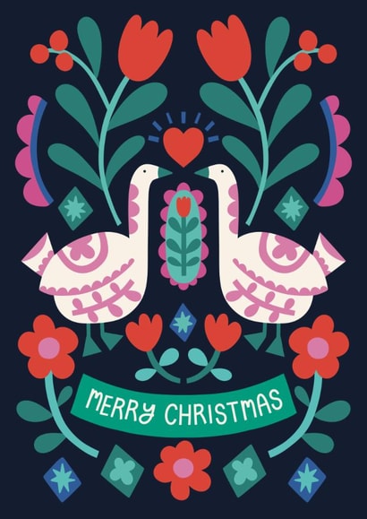 Pretty Christmas Card - Geese And Flowers - Folk Art created by Christine Cuddihy Illustration