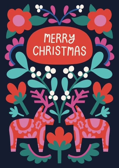 Pretty Christmas Card - Reindeer Folk Art - Scandi created by Christine Cuddihy Illustration