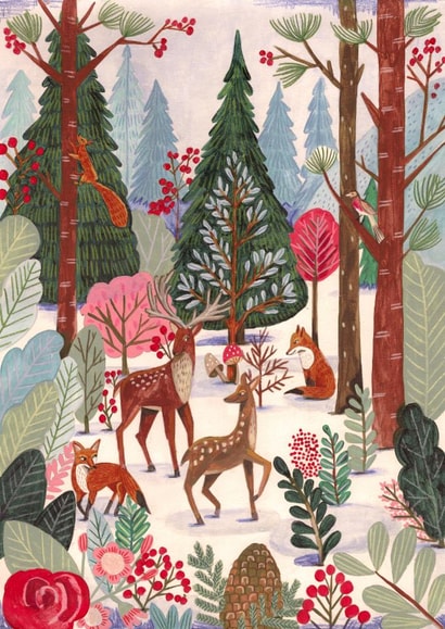 Pretty Christmas Card - Deer, Foxes & Winter Forest - Woodland created by Caroline Bonne Müller