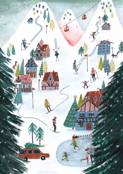 Festive Christmas Card – Snowy Ski Village with Skiers & Christmas Trees created by Caroline Bonne Müller