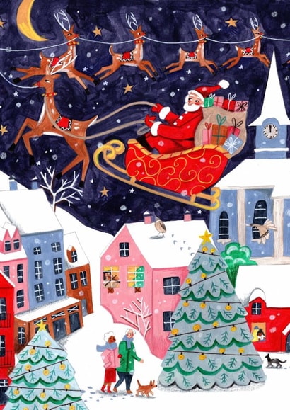 Magical Christmas Card – Santa in Sleigh Over a Snowy Christmas Village created by Caroline Bonne Müller