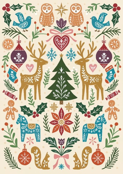 Pretty Christmas Card - Scandi Folk Art Multicolour - Cottagecore created by Sydney Jo Designs
