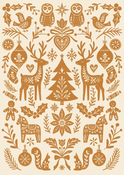 Pretty Christmas Card - Scandi Folk Art Pattern - Warm Gingerbread - Cottagecore created by Sydney Jo Designs