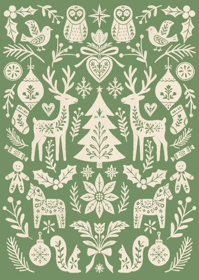 Pretty Christmas Card - Scandi Folk Art Pattern - Fir Green - Cottagecore created by Sydney Jo Designs