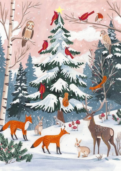 Charming Christmas Card – Snowy Woodland with Deer, Foxes & Cardinals created by Caroline Bonne Müller