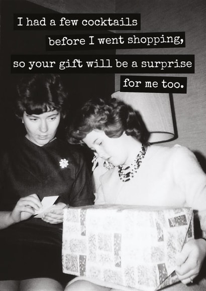 Funny Christmas Card for Friend – Vintage Cocktails, Shopping & Surprise Gift. created by Raven's Rest Studio