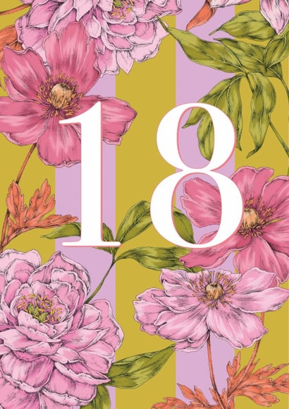 Pretty Birthday Card - 18th - Pink Floral Stripe created by Catherine Lewis Design