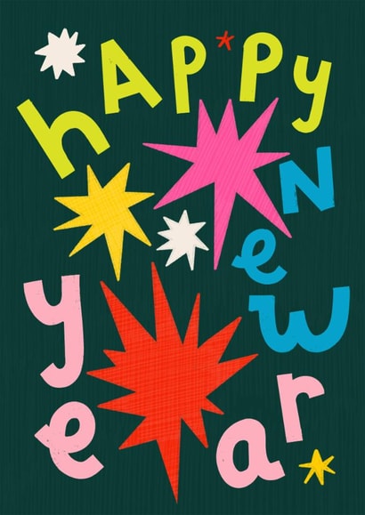 Classic New Year Card - Stars - Colourful Typography created by NICHOLA COWDERY ILLUSTRATIONS 