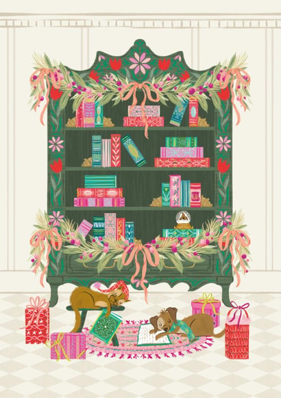 Cute Folkart inspired bookcase Christmas Card- Holiday Hygge created by Jackie Crawford