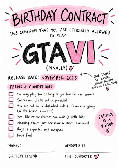 Funny GTA VI Birthday Card for Gamer – Official Gaming Contract created by Amy Corlett