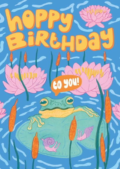 Cute Birthday Card – Frog floating on a Lily pad - Hoppy Birthday to you! created by Kathryn Corlett