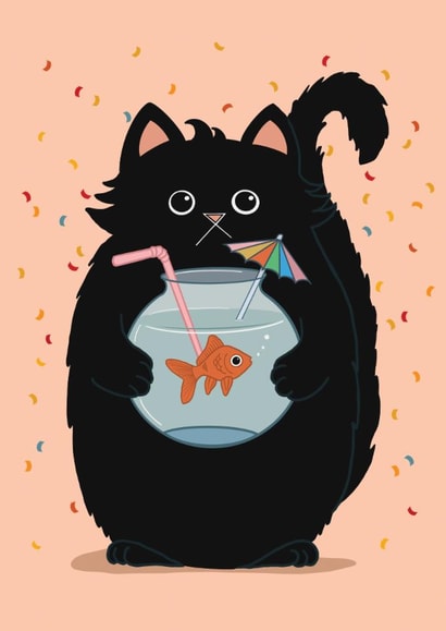 Funny Birthday Card for Friend, Party Animal Black Cat with Goldfish Cocktail created by Baldy And The Fidget