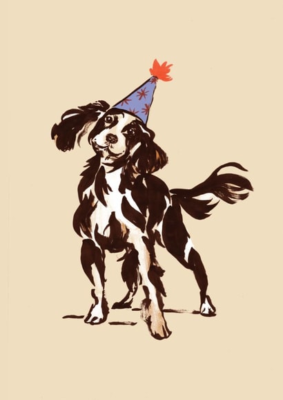 Cute Dog Birthday Card - Hand-Painted Spaniel in a Party Hat created by Shannon Woodfield Illustrator