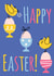 Cute Easter greeting card with little chickens on colored egg cups created by Nastea Fedorenko