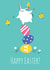 Cute easter greeting card with bunny balancing on painted eggs created by Nastea Fedorenko