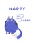 Happy Birthday Purring Cute Cat Card, Blue Cat, Pun, Cat Lady created by Weird Is The Best