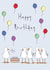 Happy Birthday card featuring cheeky seagulls arguing over the birthday cake. created by Lucy Driver