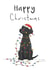Cute Christmas card featuring a Black Labrador wrapped up in fairy lights created by Lucy Driver