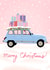 Pink Merry Christmas card with blue retro car Renault 4 created by Monsieur Dorian