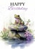 Happy Birthday Frog Sitting on a Rock with Flowers and Pond created by Tanya Hall