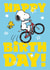 Cute Kids Birthday Card – Snoopy Bicycle Stunt with Woodstock created by Danilo