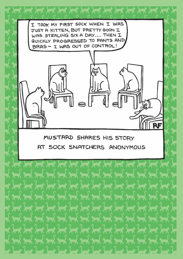 Funny Birthday Card - Cats - Sock Snatchers Anonymous created by On The Prowl Cat Cartoons