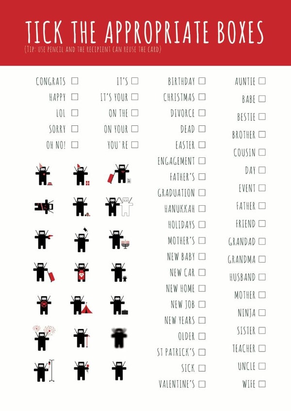 Tick the box ninja card created by Paul O'Connor