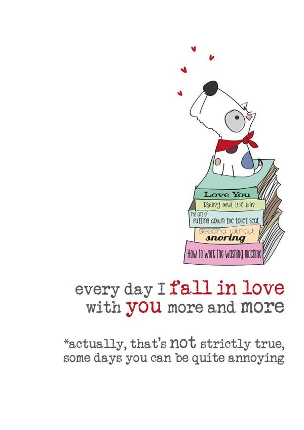 Cheeky Anniversary Card / Valentine's Day Card - Dog - Books - Everyday I Fall In Love With You More And More created by Dandelion Stationery