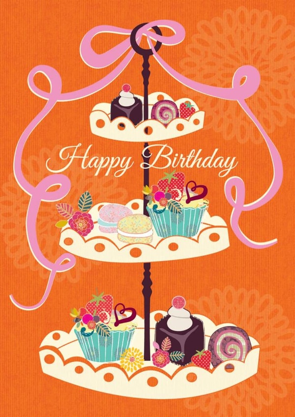 Modern Happy Birthday card fearing a traditional cake stand. created by Laura Darrington Design Ltd.