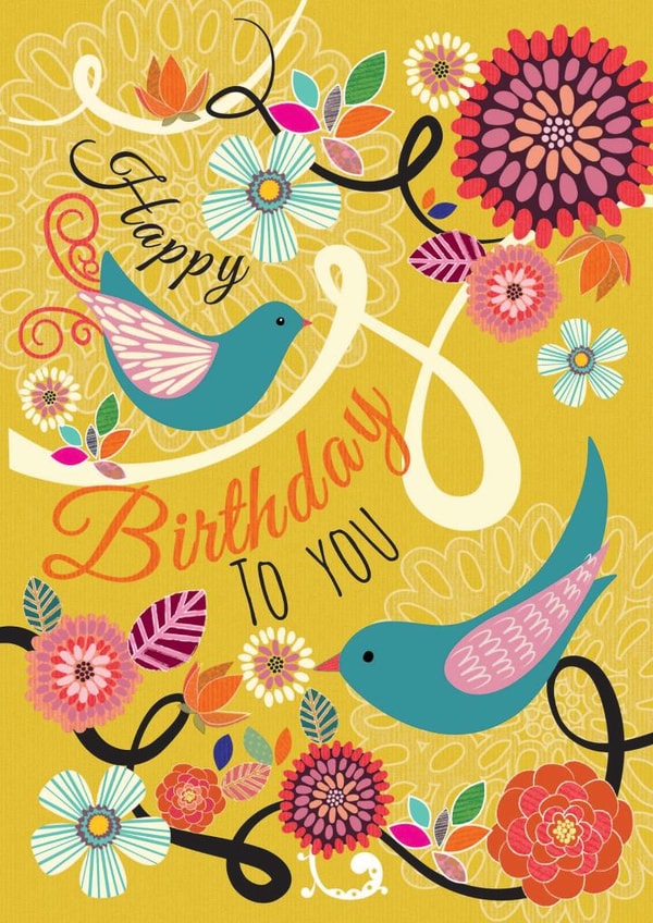 Pretty Birthday Card - Retro - Flowers and Swallows - Happy Birthday To You created by Laura Darrington Design Ltd.