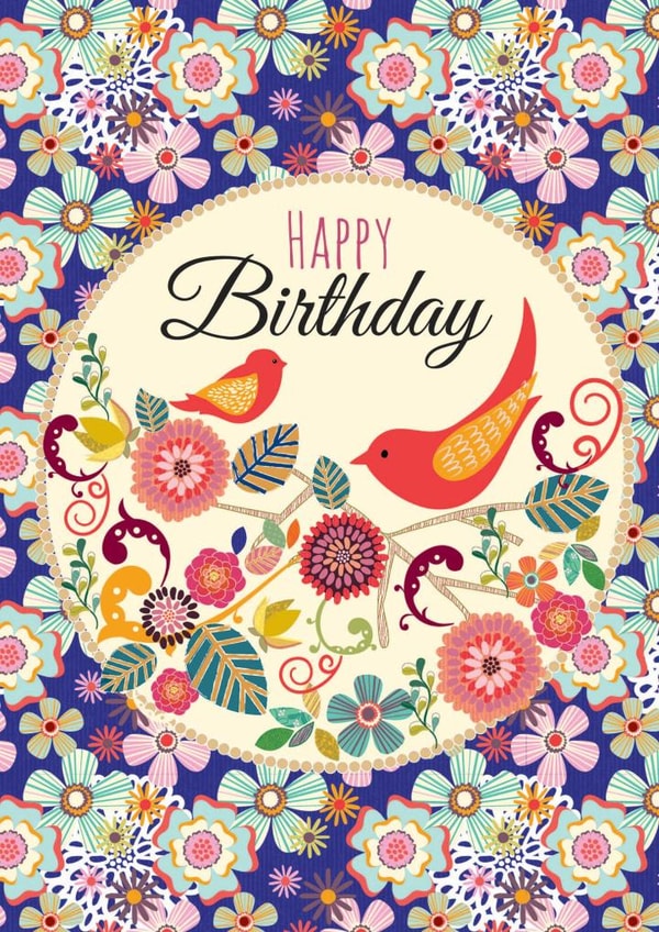 Pretty Happy Birthday Card - Colourful Florals and Birds created by Laura Darrington Design Ltd.