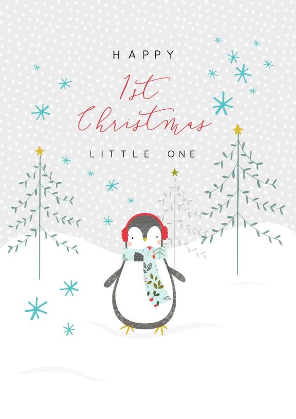 Cute contemporary Grandchild Christmas Card, featuring a little penguin design. created by Laura Darrington Design Ltd.