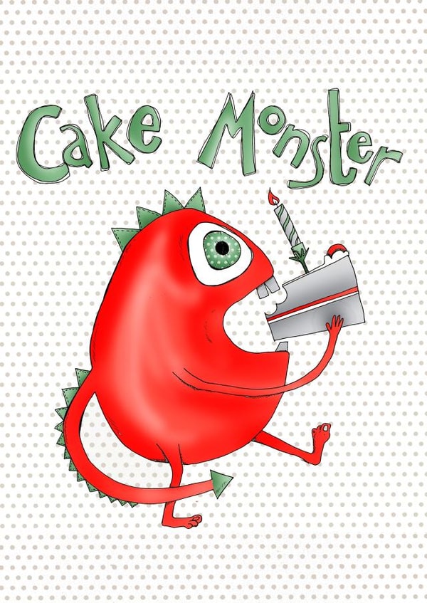Cake monster birthday card created by Ryland Studios