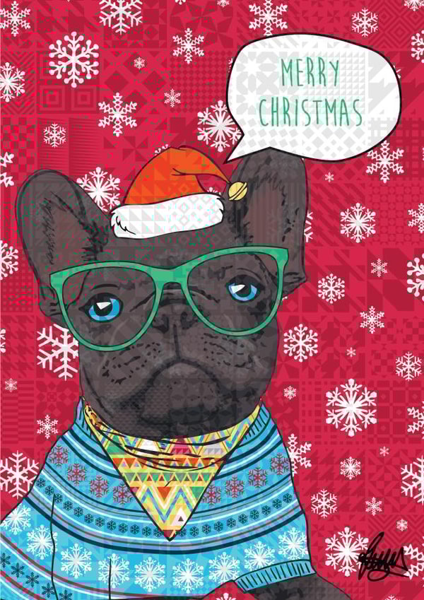 Festive French Bulldog Christmas card created by Rose Hill Designs