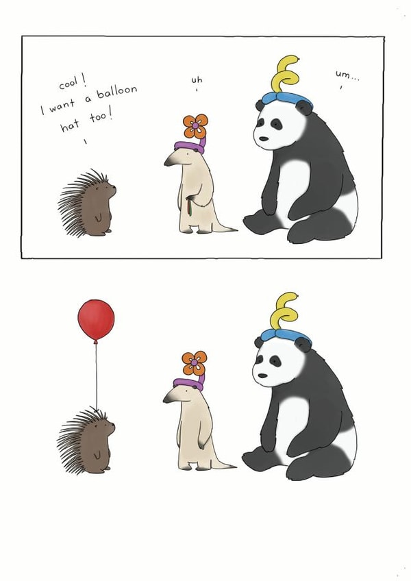 Cute Animal Birthday Card - Porcupine wants a balloon hat - Panda Party Hat created by Redback Cards