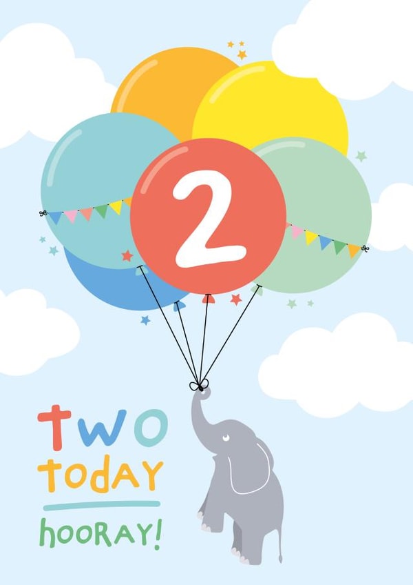 Colourful 2nd Birthday Card for Boy or Girl - Balloons & Elephant created by Macie Dot Doodles
