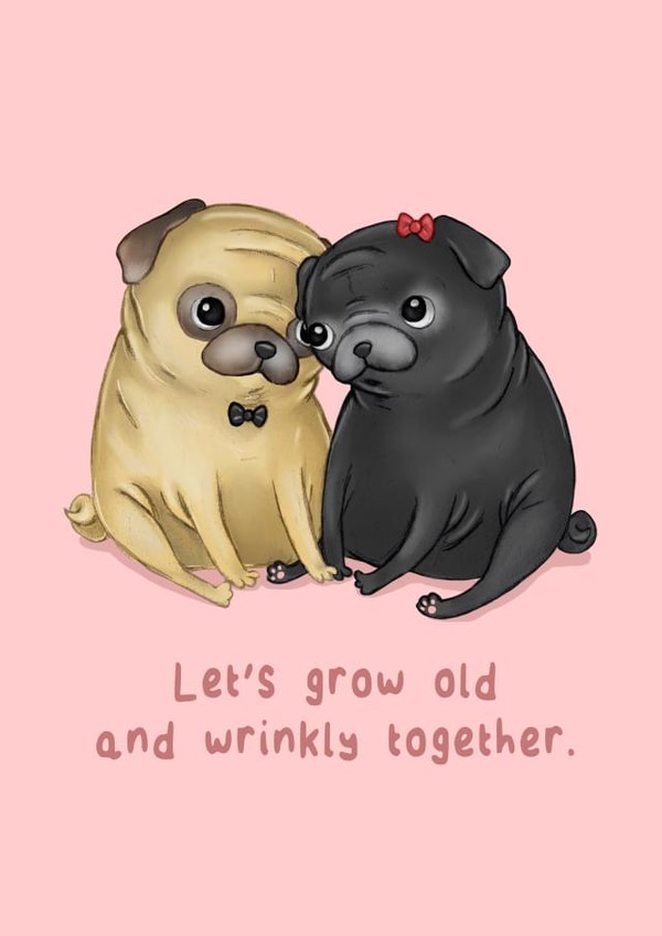 Cute Pug Anniversary Card / Valentines Day Card - Let's Grow Old And Wrinkly Together created by Katie Corrigan