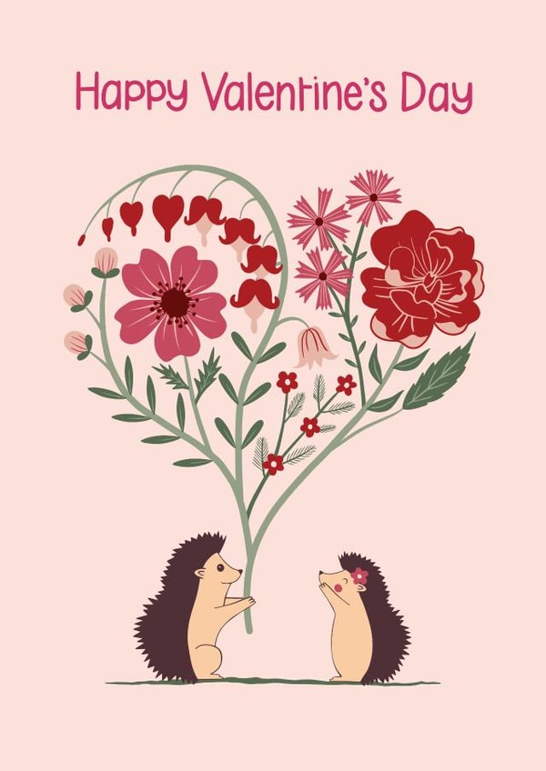 Adorable Valentine's Day Card with Hedgehog giving a Heart Shaped Flower Bouquet created by Ness Nordberg