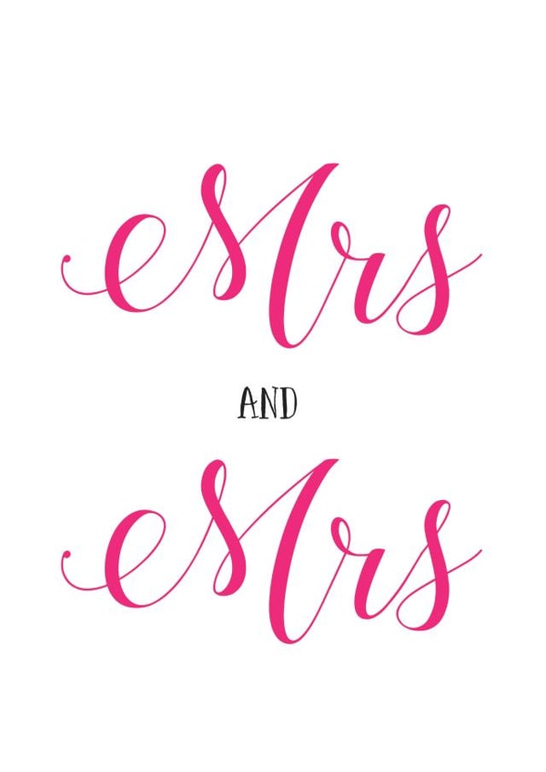 Mrs and Mrs - Simple pink typography wedding card created by Russet and Gray