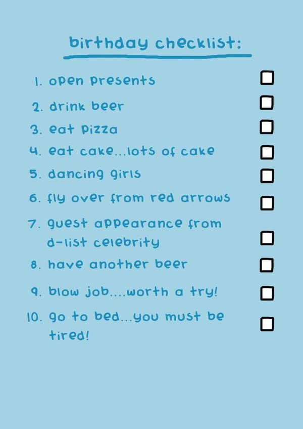 checklist funny Birthday Card 6778 created by Nick Hannaford-Hill