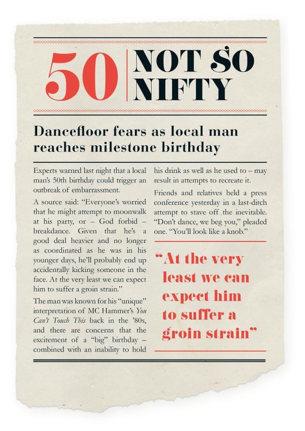 Spoof newspaper card for man turning 50 created by Tess Cards