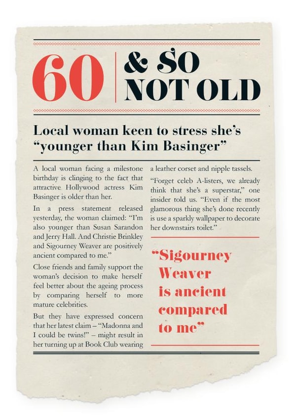 Spoof newspaper 60th birthday card for woman created by Tess Cards