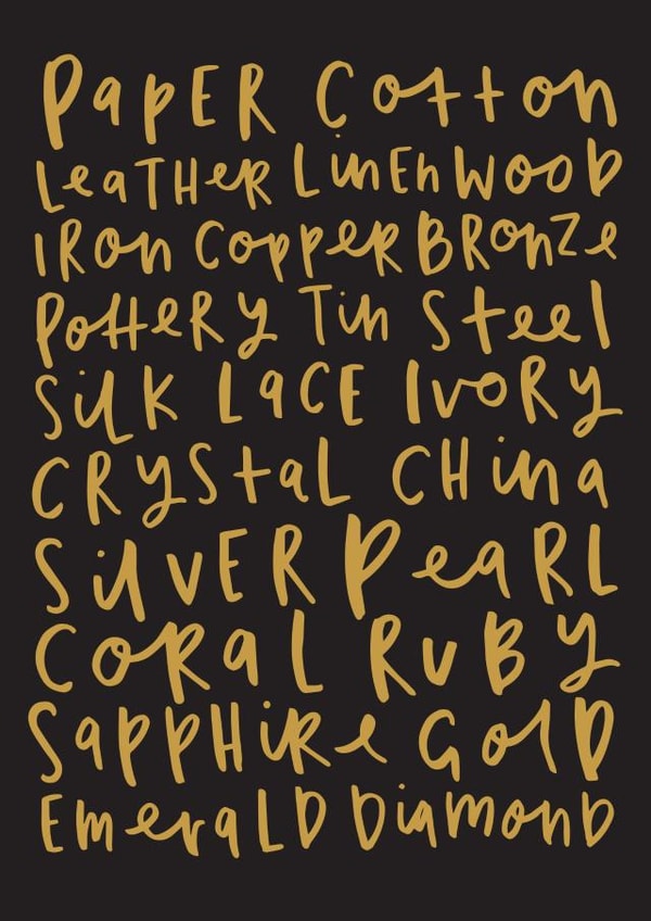 Traditional Golden Typography Anniversary Card - Paper, Cotton, Leather, Linen, Wood, Iron, Copper, Bronze created by Old English Company