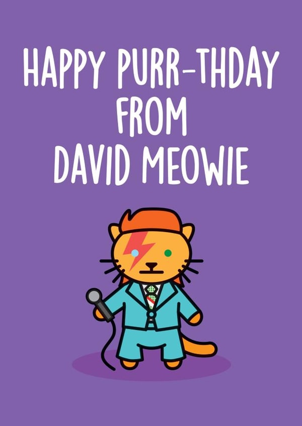 Cute David Bowie Birthday Card - David Meowie - Happy Purr-thday Cat created by Thirty Mussels